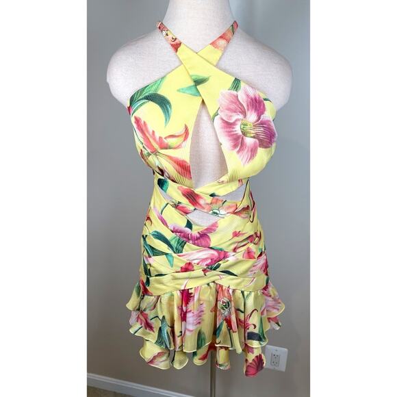 PATBO Laelia Cutout Floral Halterneck Criss Cross Yellow Mini Dress Size 4 - Picture 3 of 8